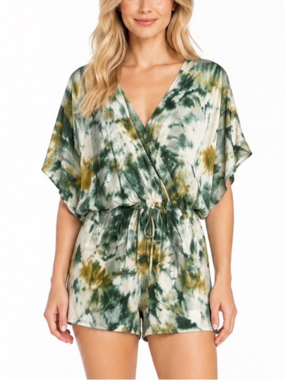 YFB Green Tie-Dye Wrap Front Shorts Romper Size Small 57249